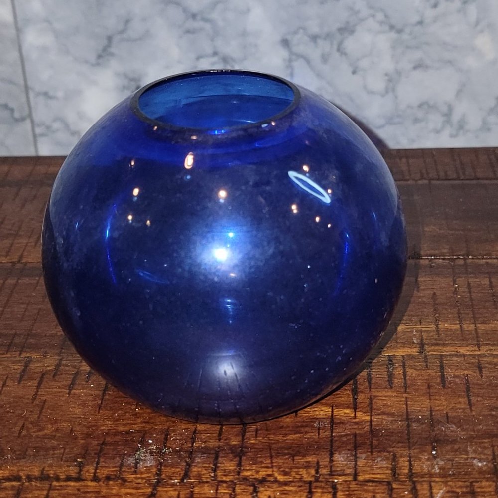 Vintage Hand Blown Cobalt Blue Glass Ball Vase, approx. 3.5 Tall, 4" at widest